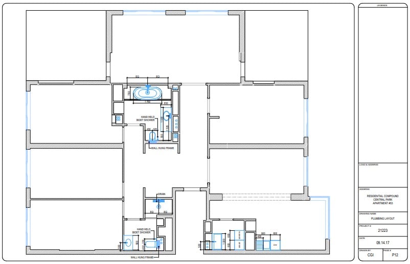 CAD Drawing of A Plumbing Layout for an Apartment Floor Plan