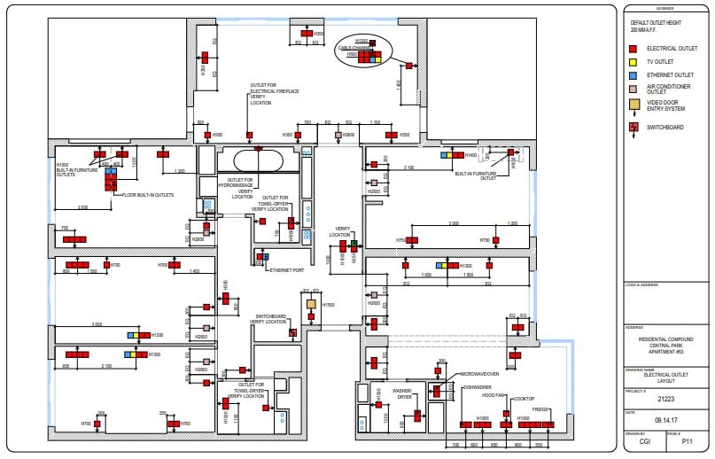 CAD Drawing of A Electric Outlet Layout for an Apartment Floor Plan