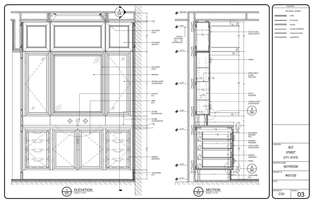 Cabinet elevation sheet Cabinet shop drawing example: vanity elevation with dimensions