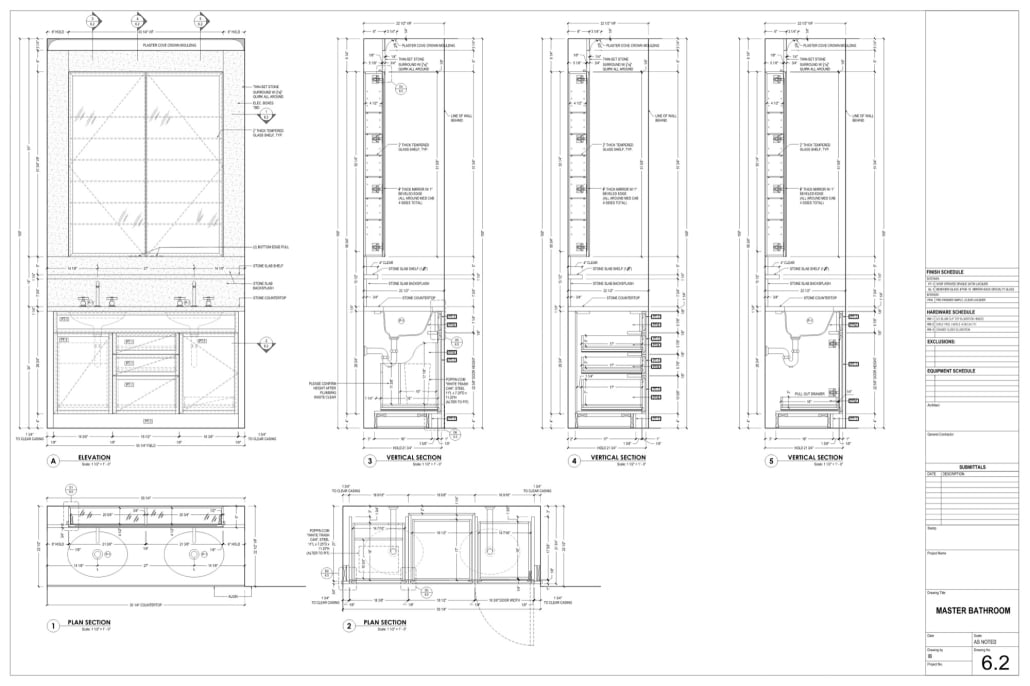 Cabinet sections and hardware schedule Cabinet shop drawing with sections and a hardware schedule