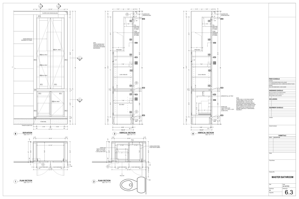 Casework shop drawings Casework shop drawings of a linen cabinet with elevation and sections