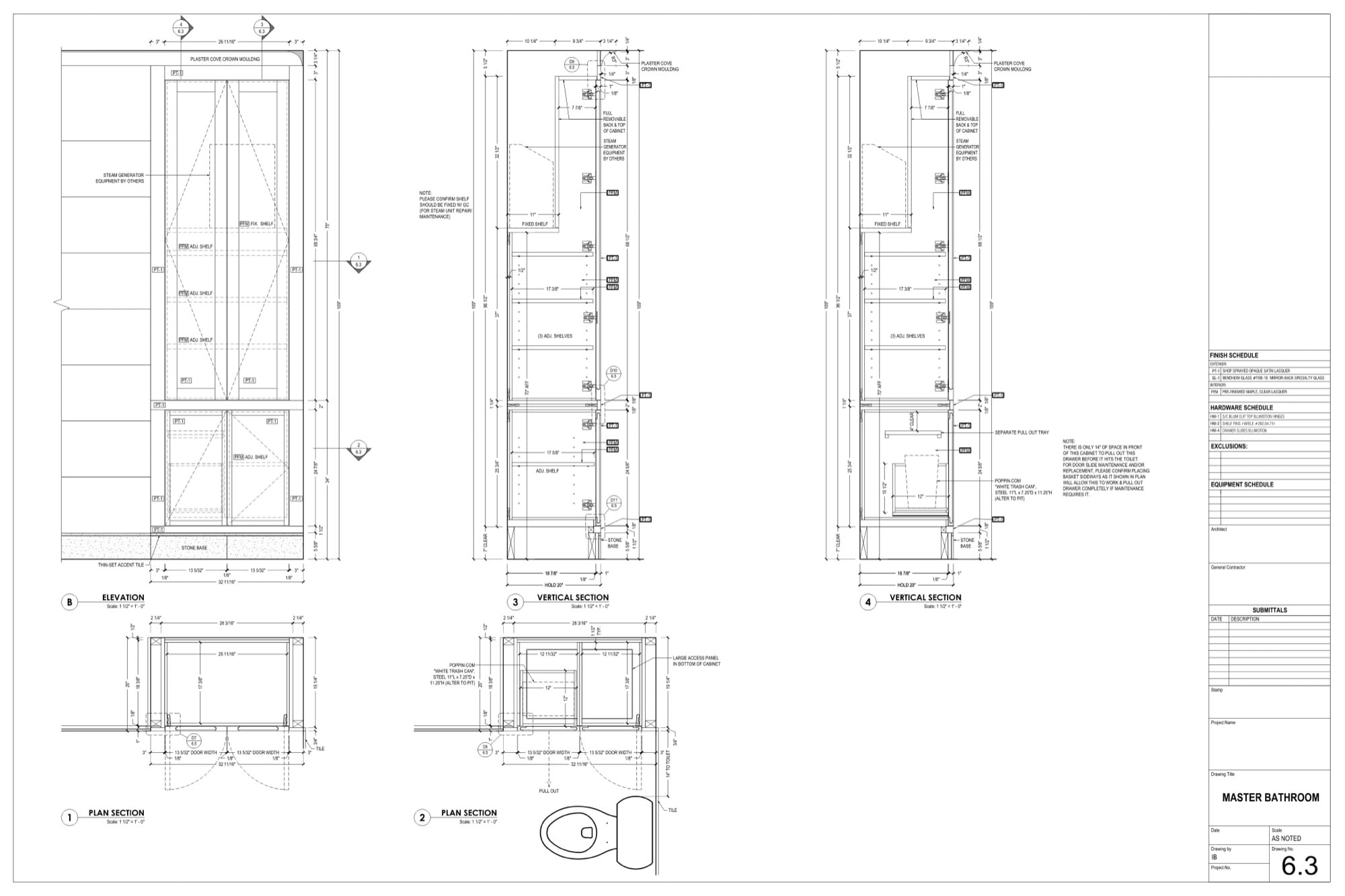 casework-shop-drawings-linen-cabinet Casework shop drawings of a linen cabinet: elevation and sections