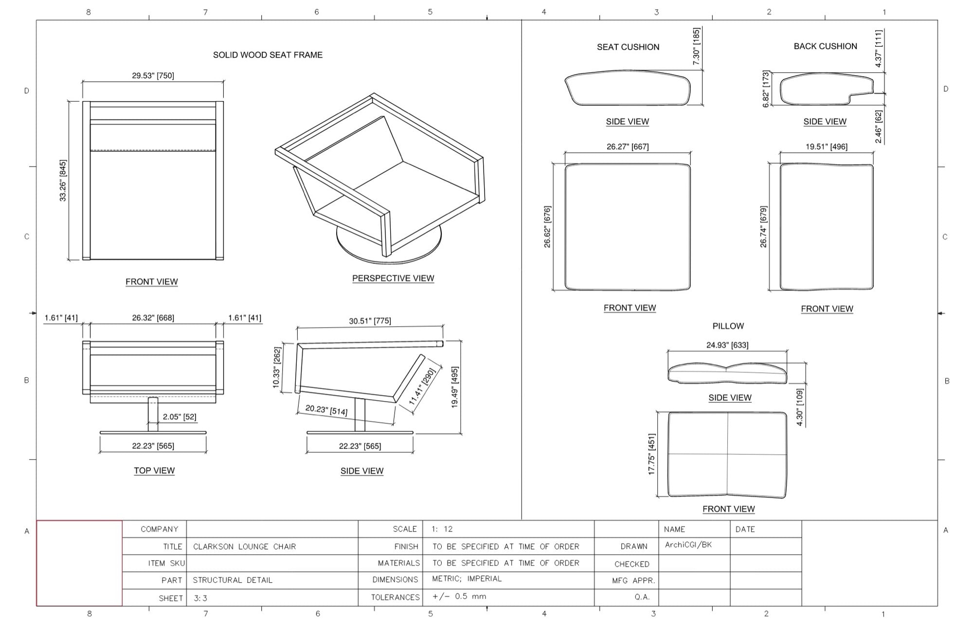 Furniture shop drawing example: structural details of a lounge chair