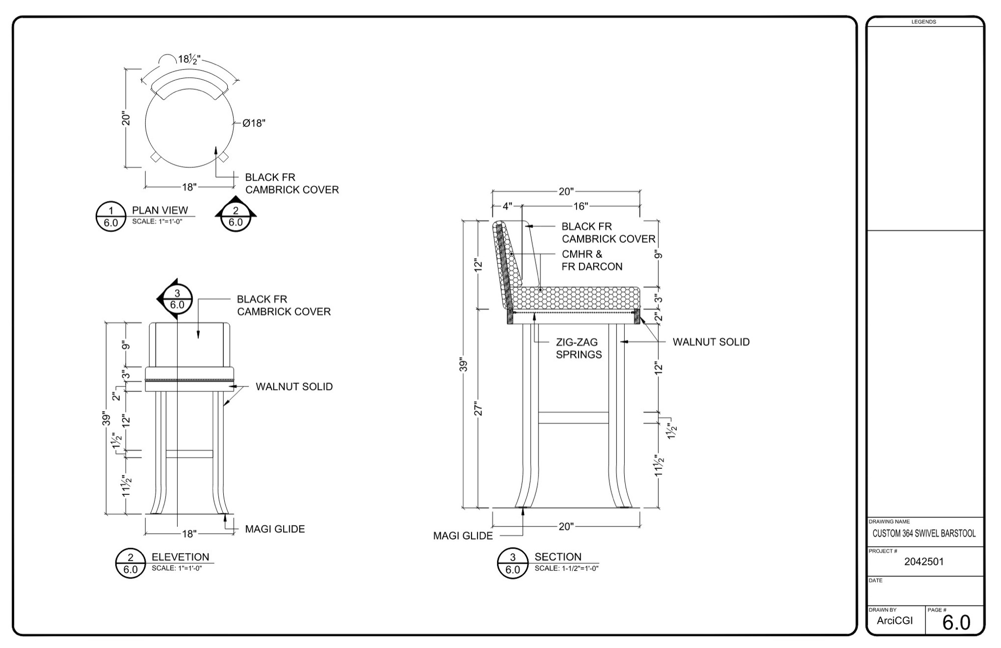Furniture shop drawings of a custom swivel barstool