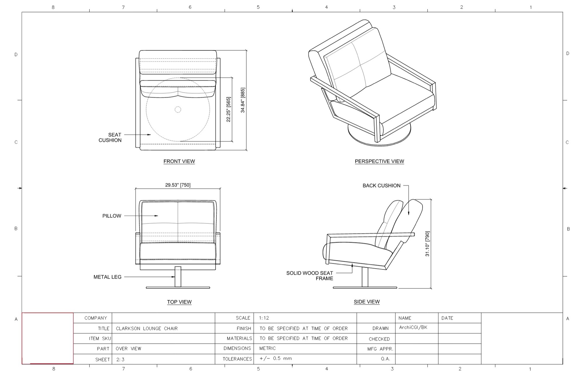 Furniture shop drawings of a lounge chair: front, top, side and perspective views