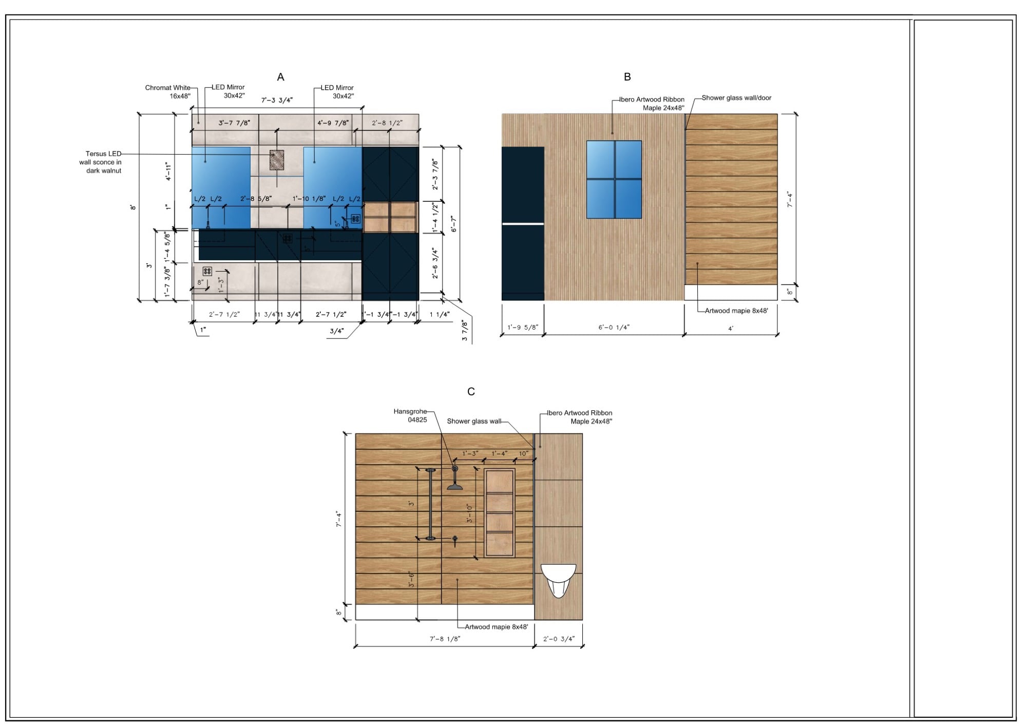Interior millwork drawing example: colored bathroom elevations