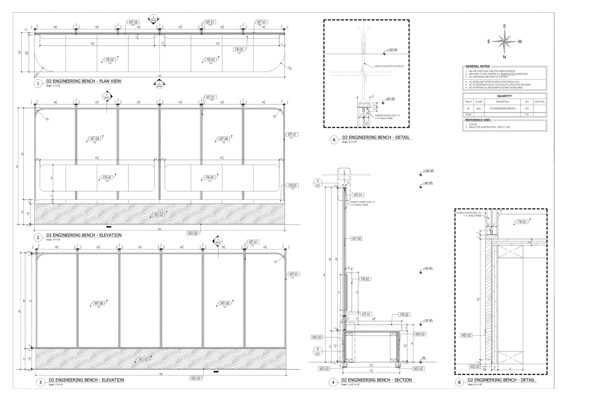 Millwork drawings of an engineering bench: plan, elevation and section on one sheet