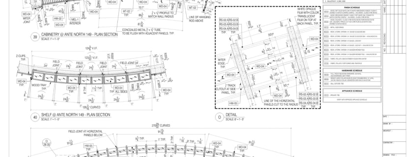 Millwork shop drawing example: plan sections of curved shelving