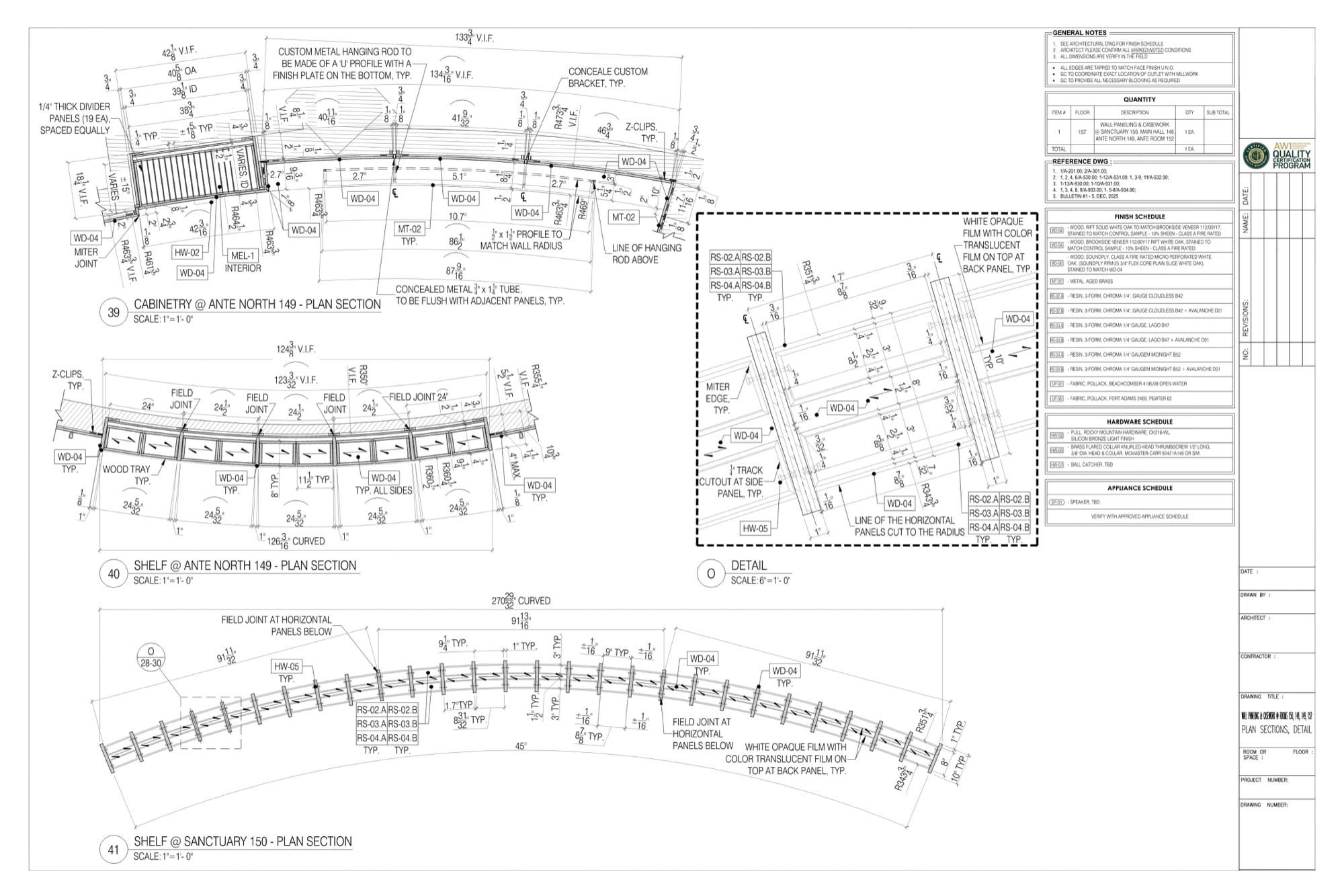 Millwork shop drawing example: plan sections of curved shelving