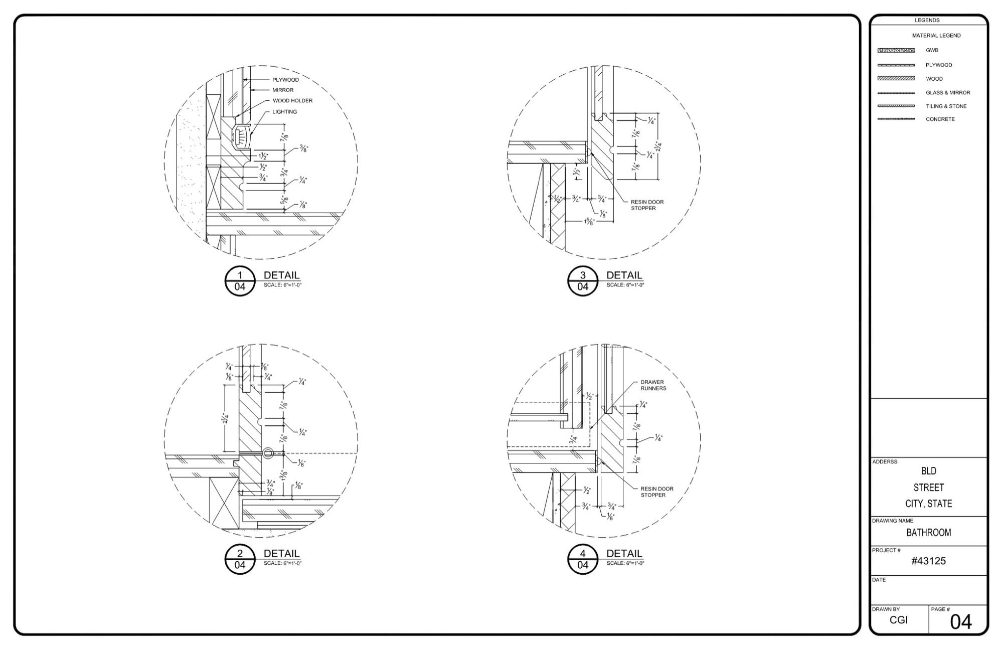 Millwork shop drawing example: joinery details of bathroom casework