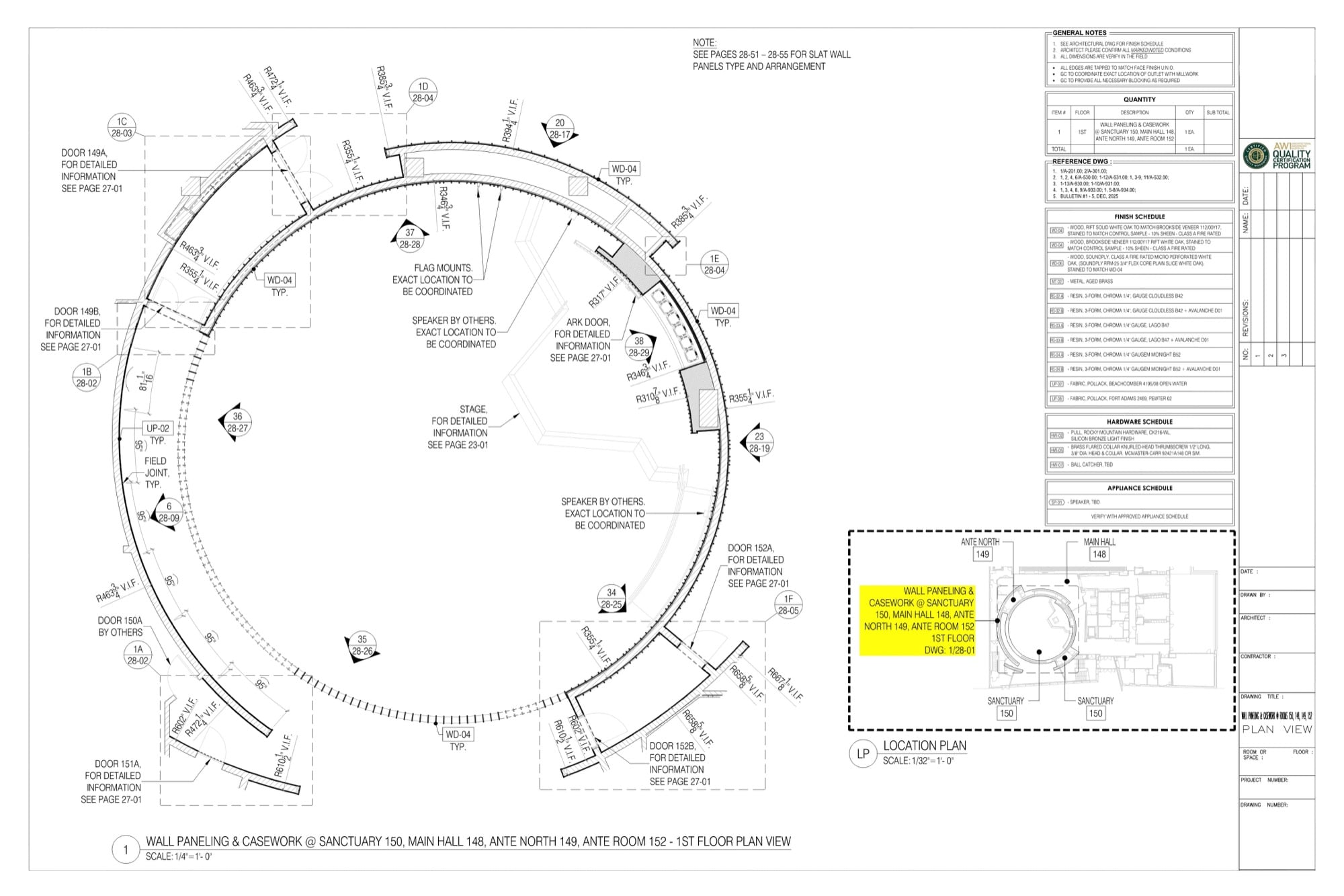Millwork shop drawing example: plan of curved wall paneling and casework