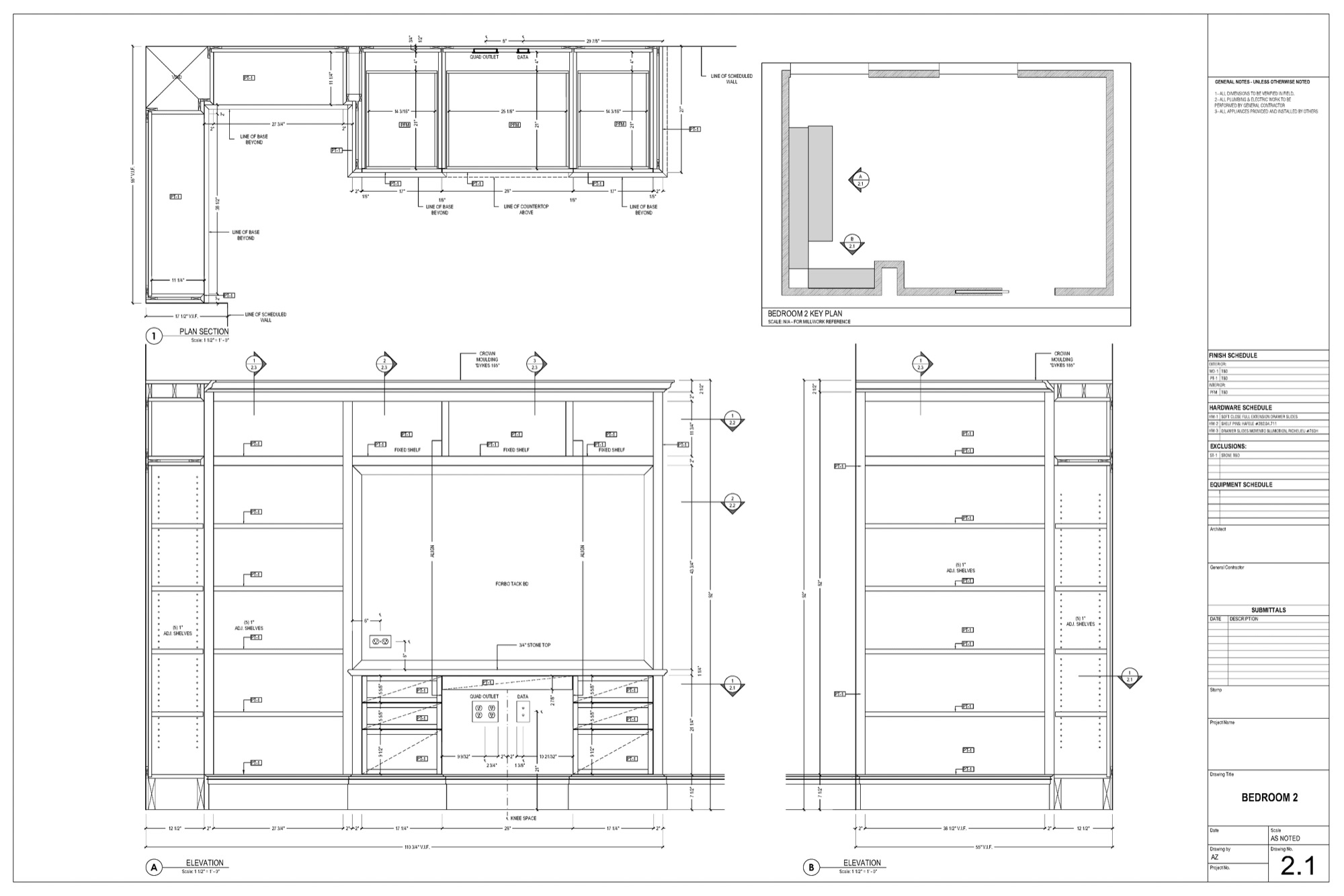Millwork shop drawings of a bedroom media wall and wardrobe