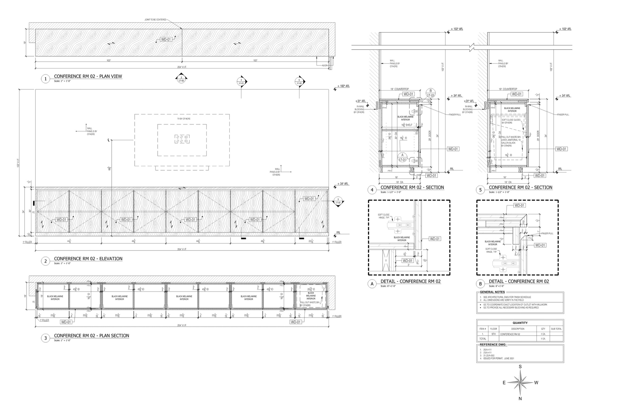 Millwork shop drawings of a conference room credenza