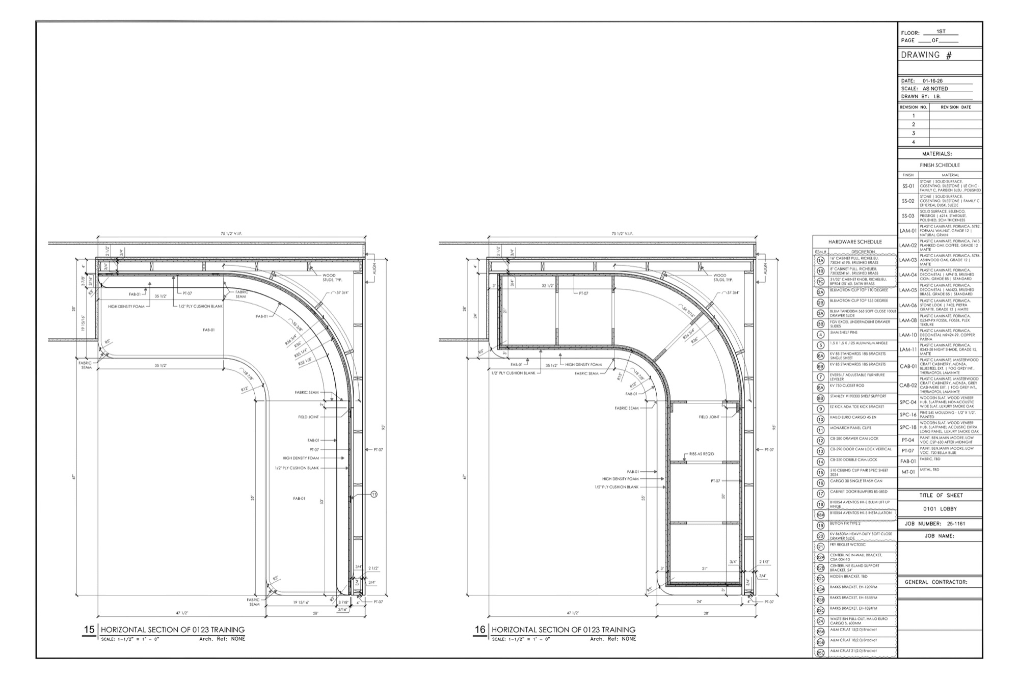 Millwork shop drawing: horizontal sections of a curved corner unit