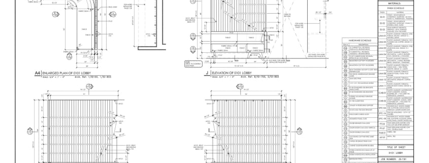 Millwork shop drawings of lobby paneling: enlarged plan and elevations