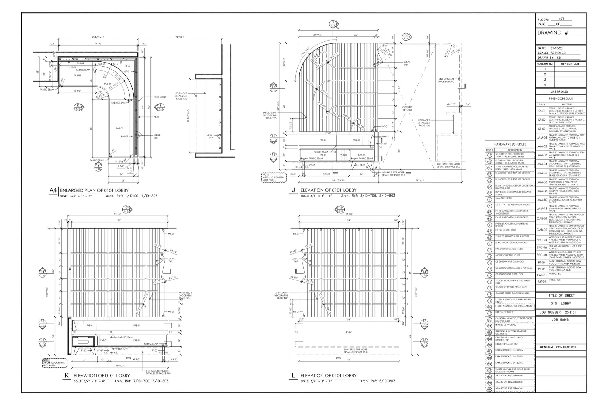 Millwork shop drawings of lobby paneling: enlarged plan and elevations