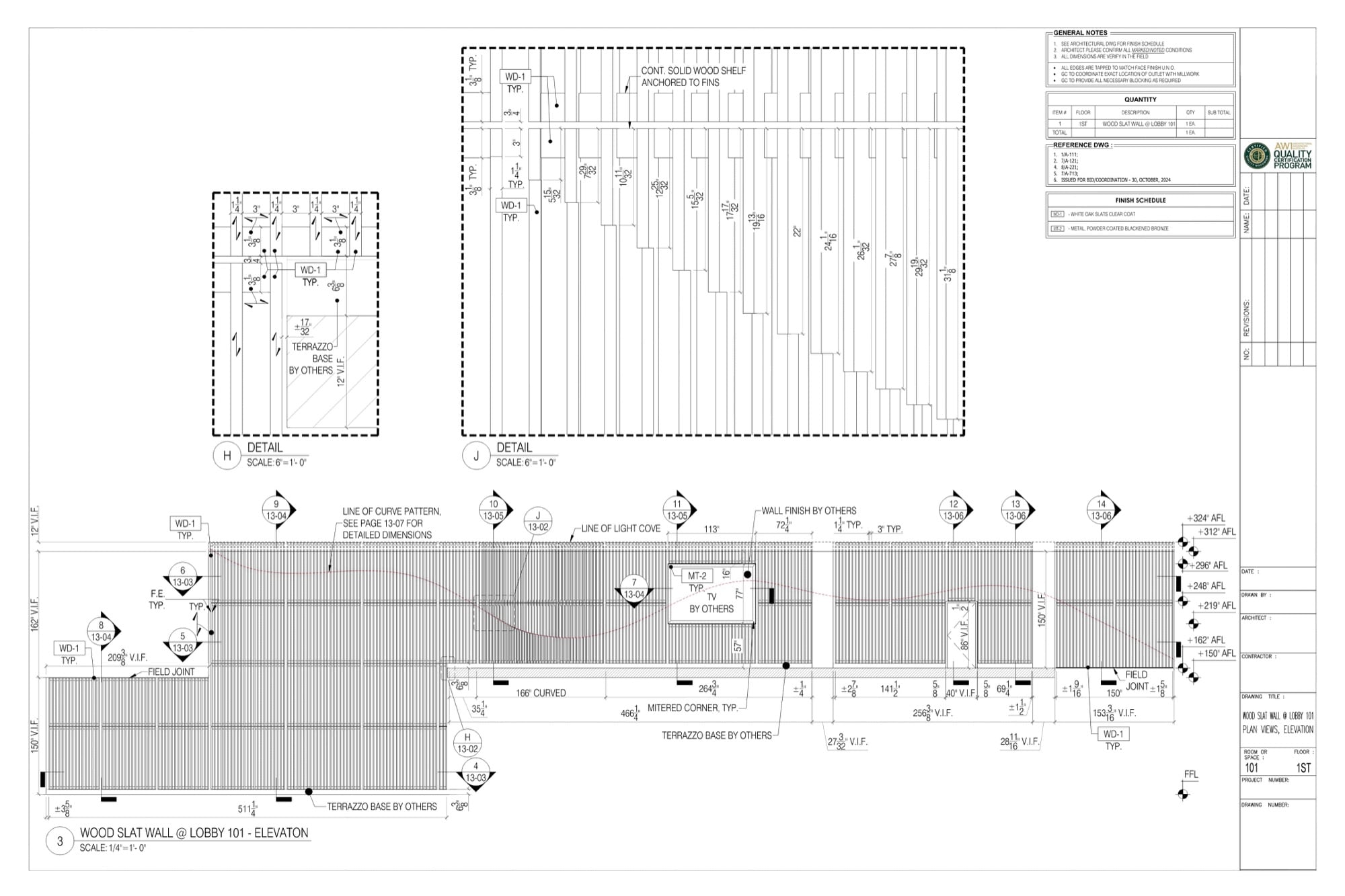 Millwork shop drawing of a wood slat wall: elevation with details