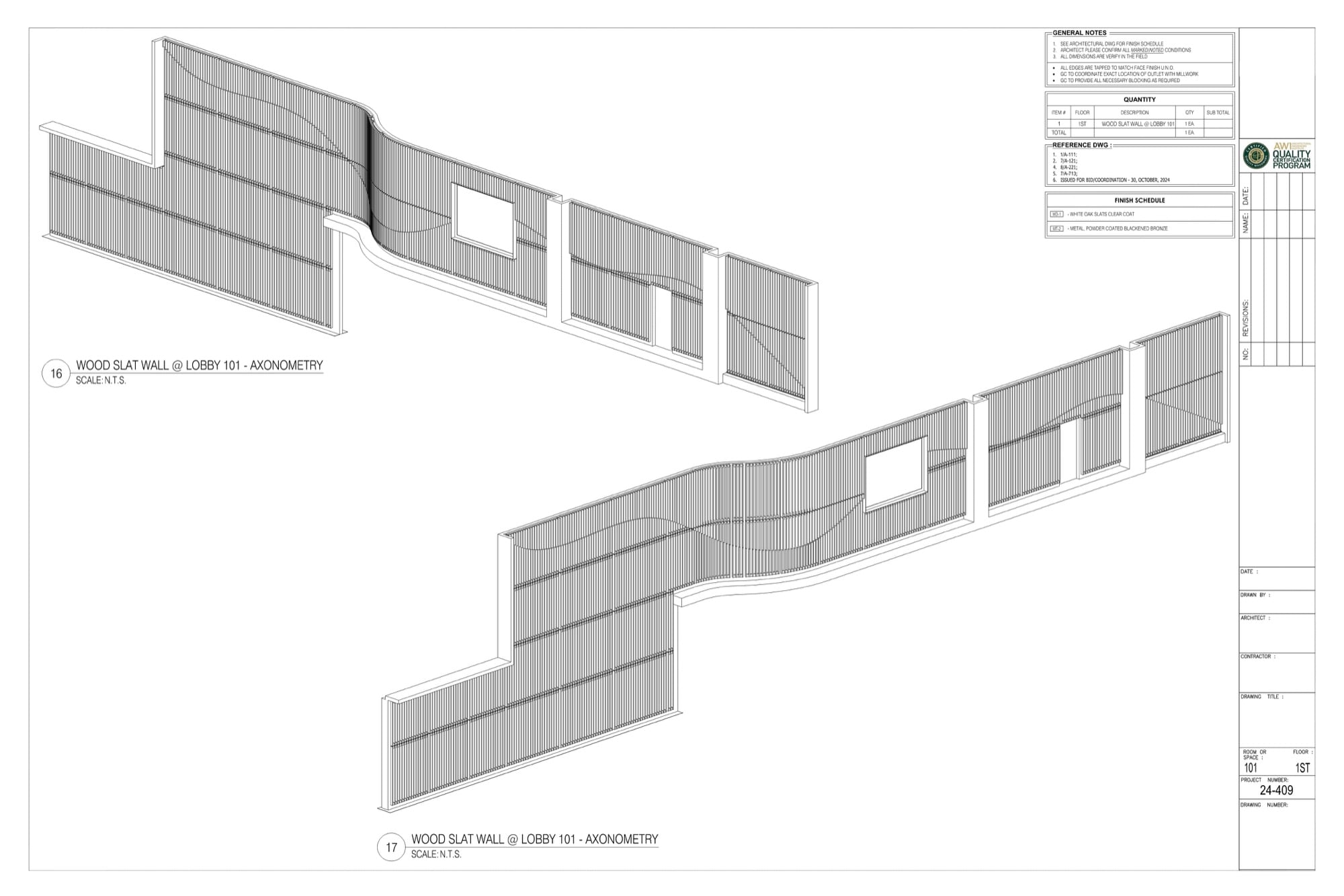 Millwork example: wood slat wall axonometry from a shop drawing set