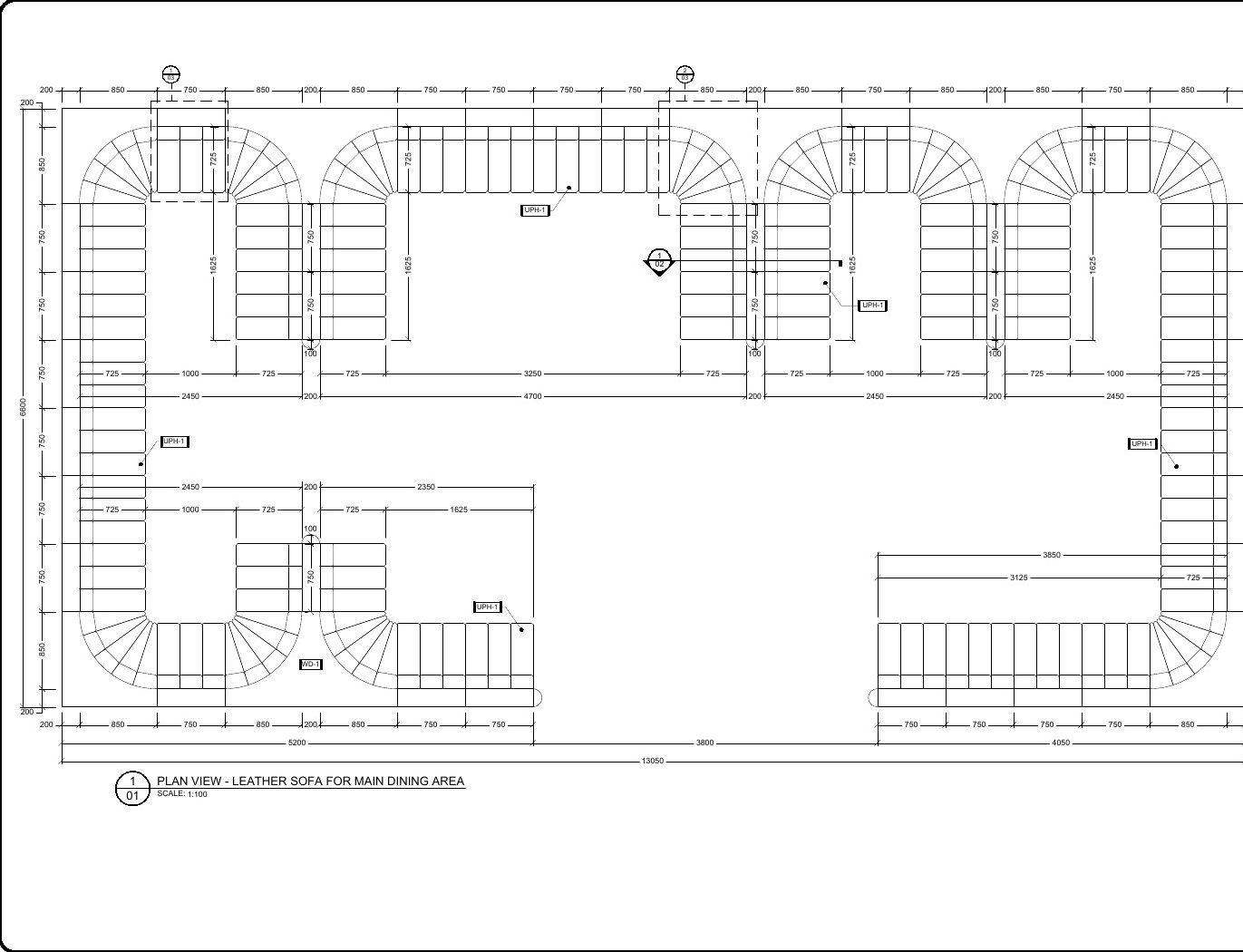 Banquette seating shop drawings: plan of a leather sofa run in a dining area