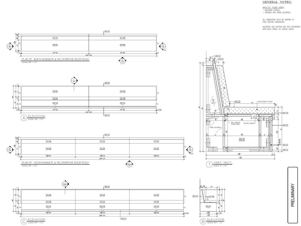 Banquette millwork: elevations and section through seat and back