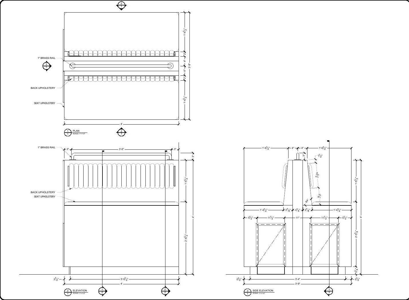 Banquette shop drawings: plan, elevation and section with upholstery callouts