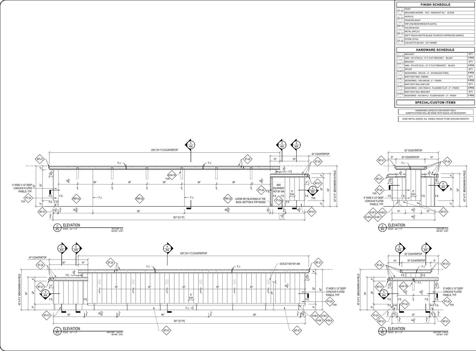 Bar shop drawings: front elevation and sections with finish and hardware schedules