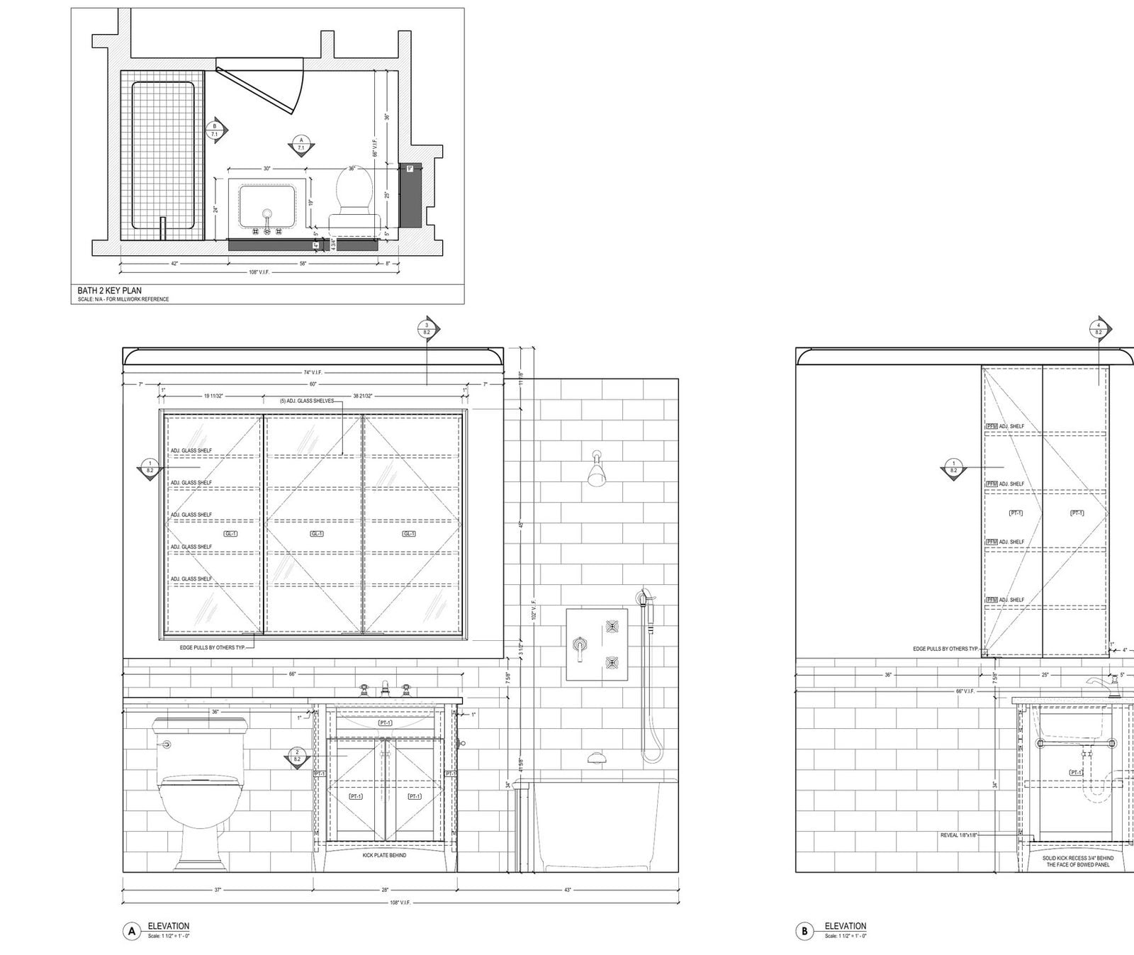 Bathroom millwork shop drawings: plan and tiled wall elevations