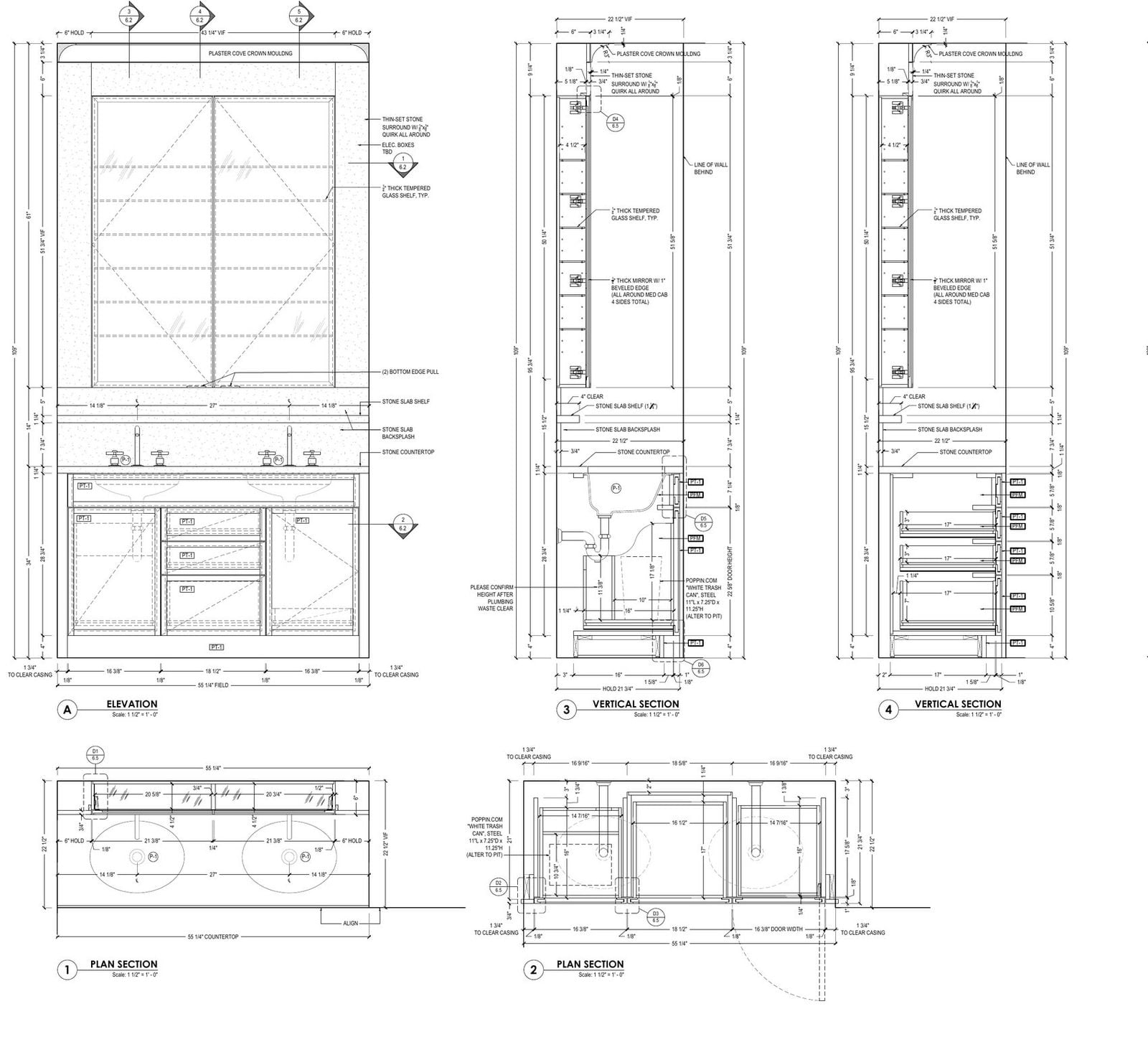 Bathroom vanity shop drawings: elevation with vertical and plan sections