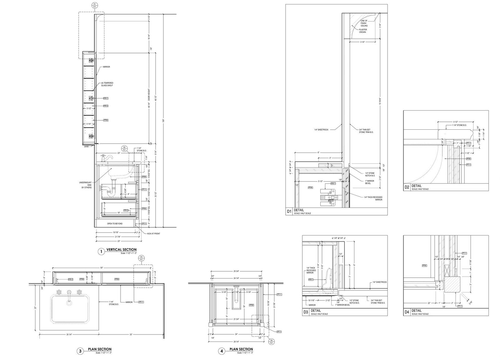 Bathroom vanity shop drawings: vertical section and plan sections