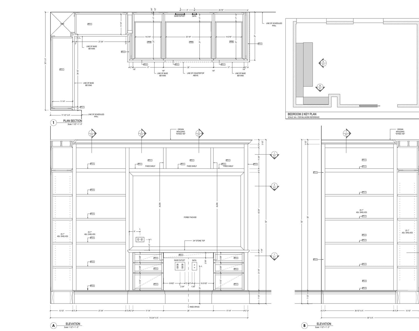 Bedroom built in shop drawings: plan section and elevations of a media wall