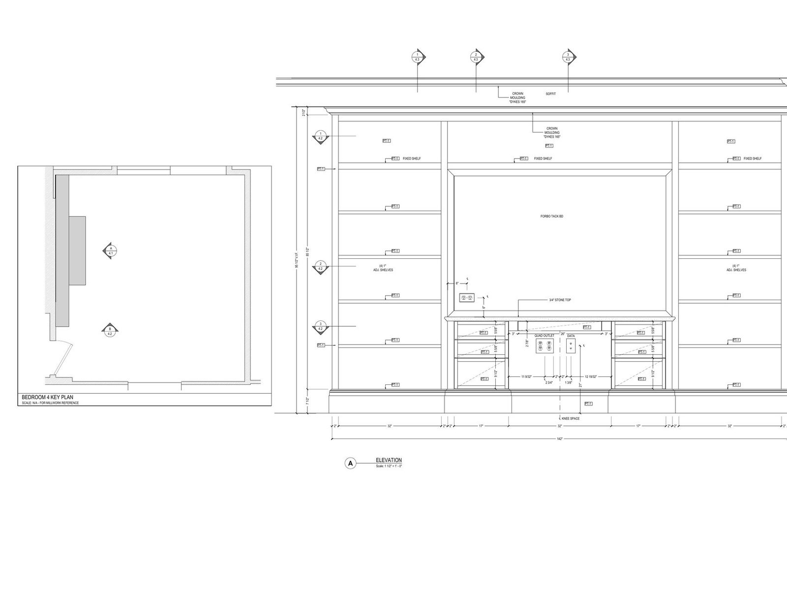 Bedroom millwork shop drawings: key plan and elevation of a fitted wall