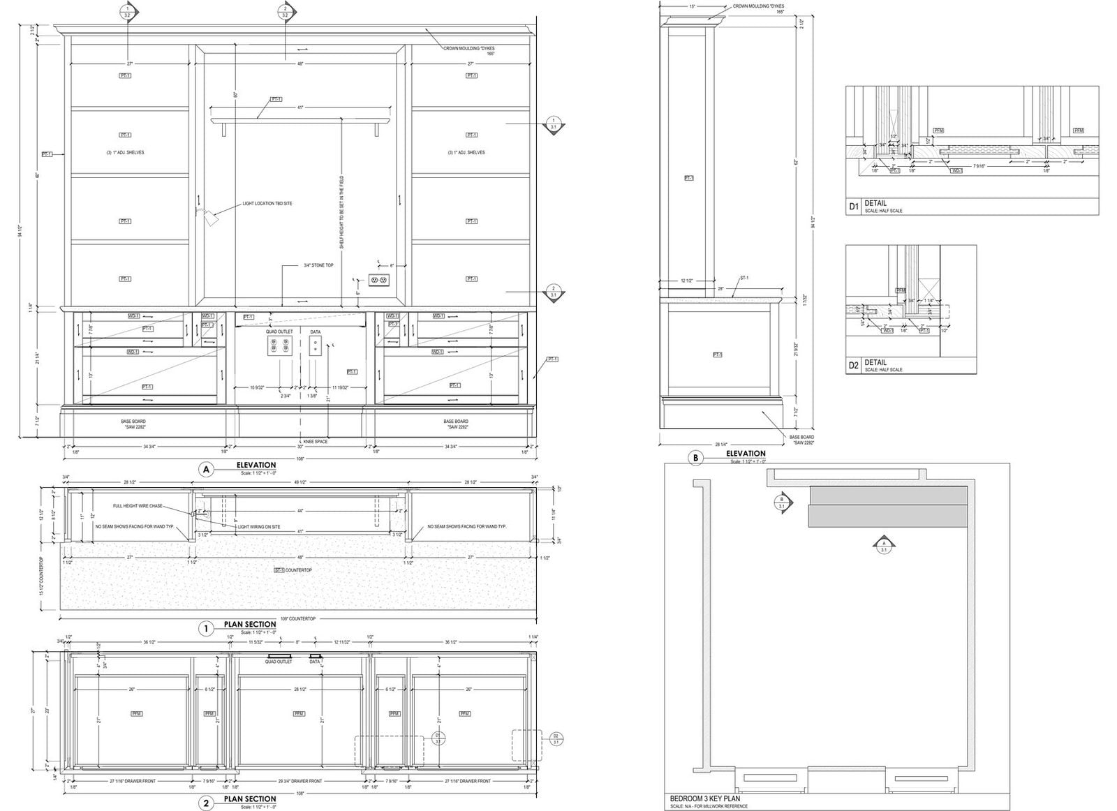 Built in wardrobe shop drawings: elevation, plan sections and details