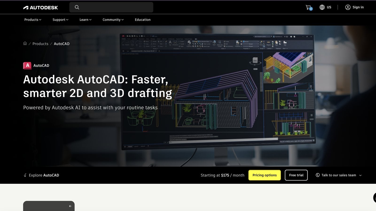 AutoCAD product page: paid CAD software for 2D and 3D drafting