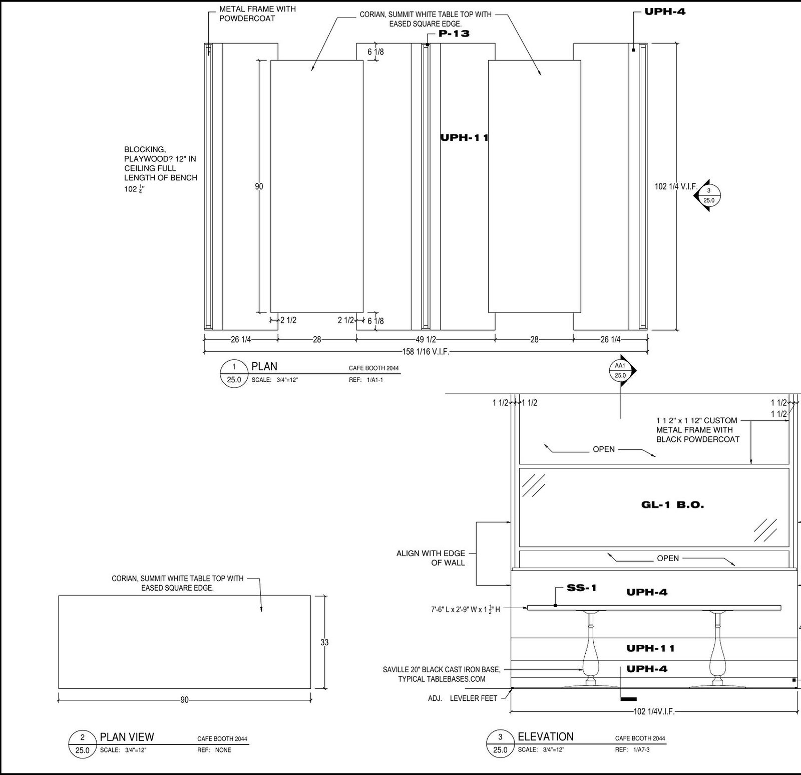 Cafe booth shop drawings: plan and elevation with metal frame and table top