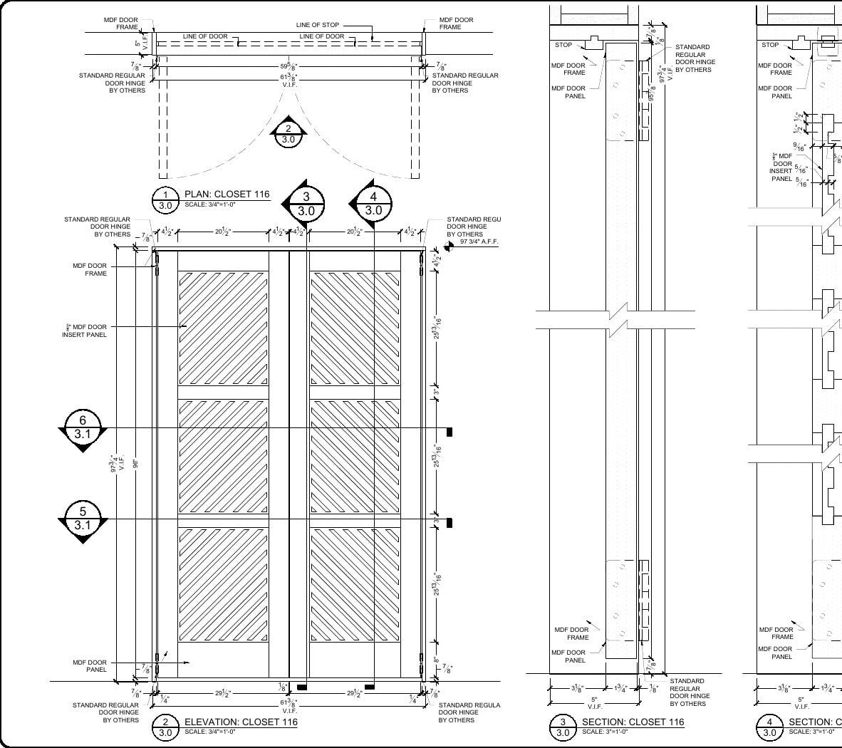 Closet Door Elevation and Sections Closet door shop drawings: elevation with plan sections and jamb details