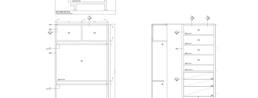 Closet shop drawings: key plan with two elevations of a his closet