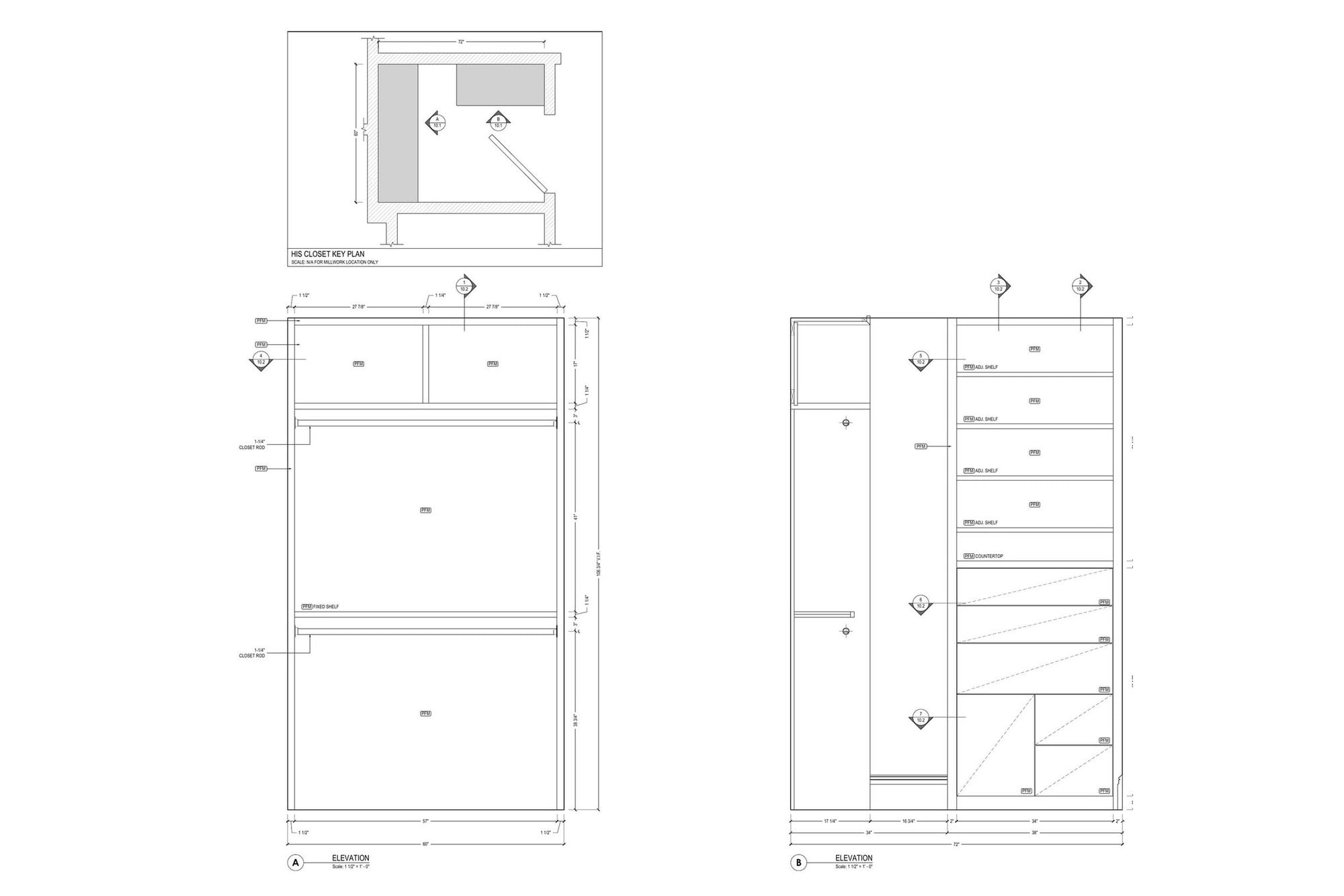 Closet Key Plan and Elevations Closet shop drawings: key plan with two elevations of a his closet