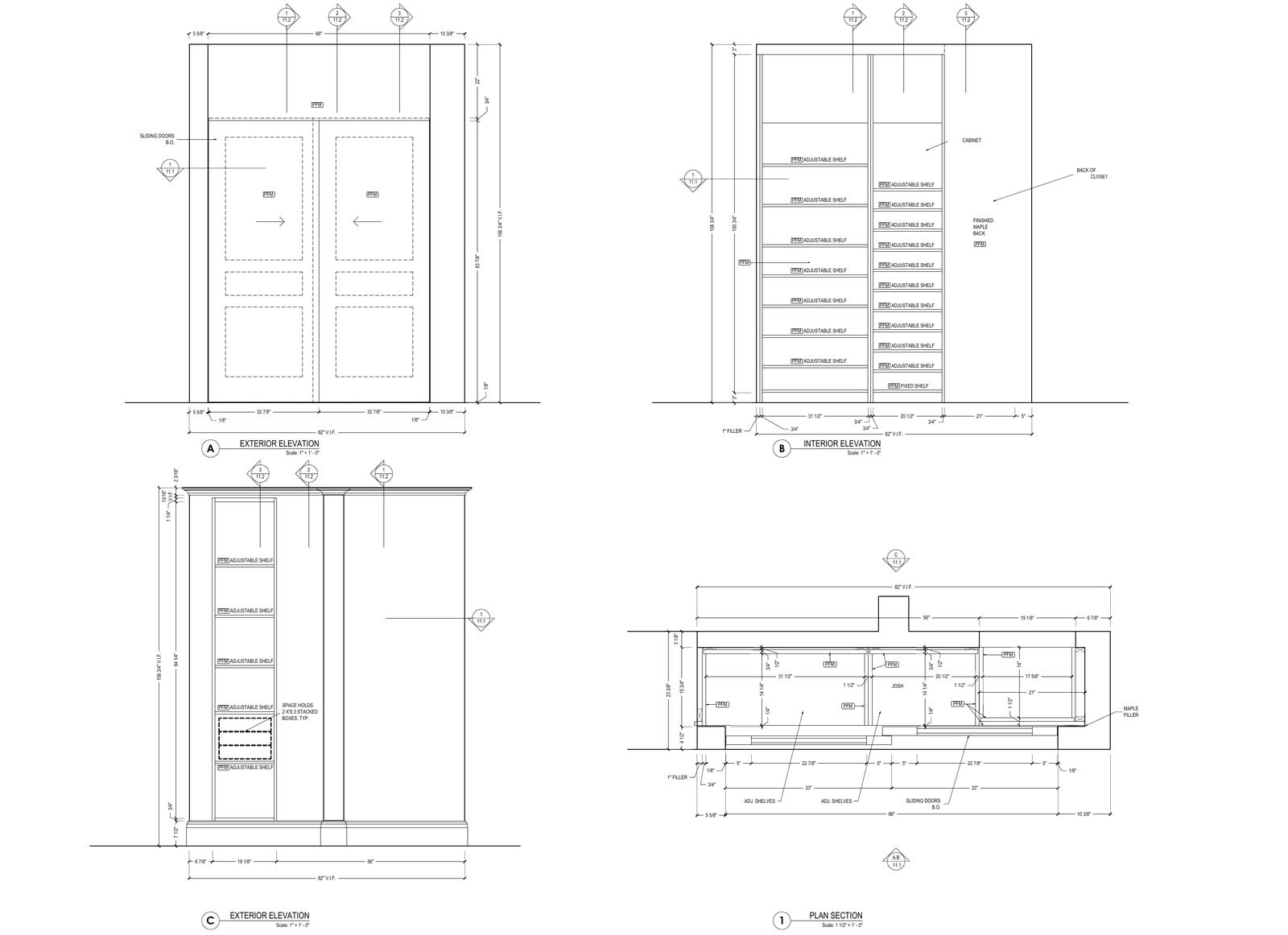 Closet shop drawings: elevations of a shoe closet with adjustable shelving