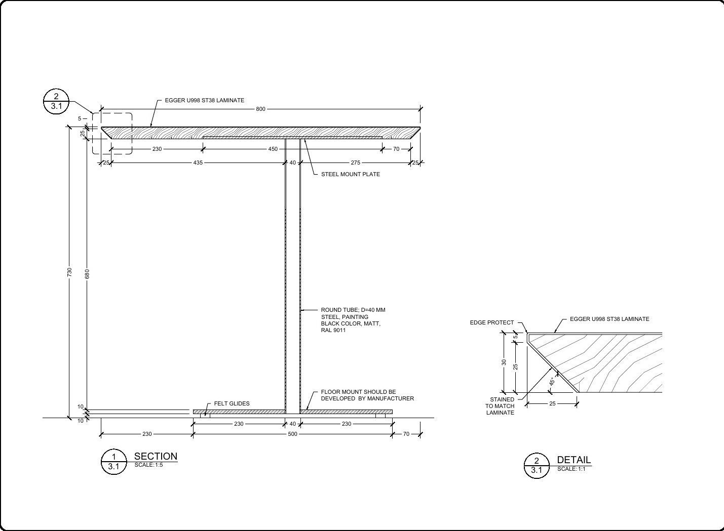Coffee table shop drawings: section through the top and steel mount plate