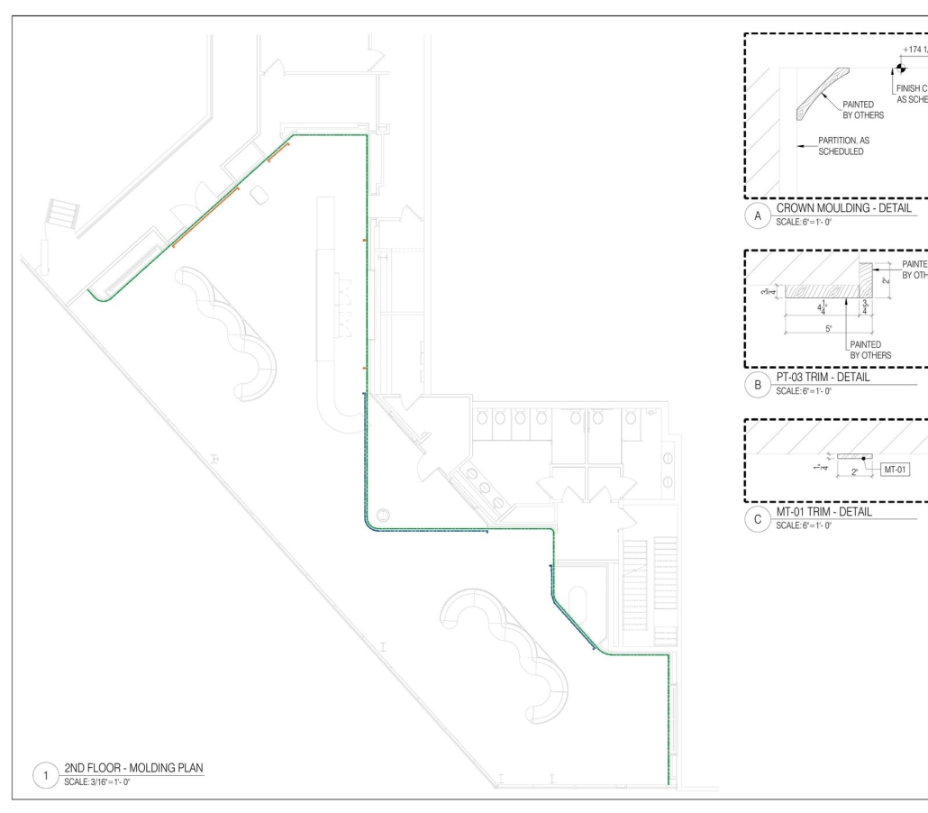 Crown moulding plan with details at full scale