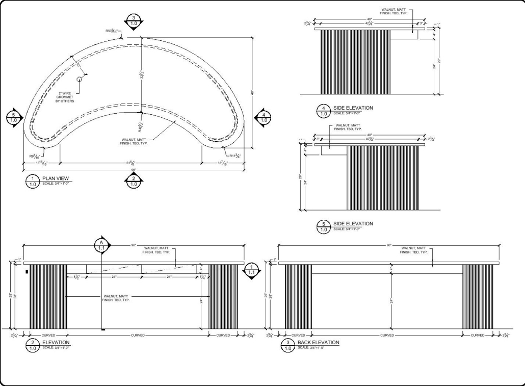 Reception desk millwork: plan view with side and back elevations