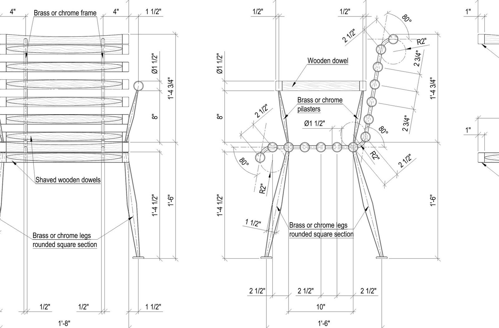 Custom chair shop drawings: elevations with dowel back and metal frame