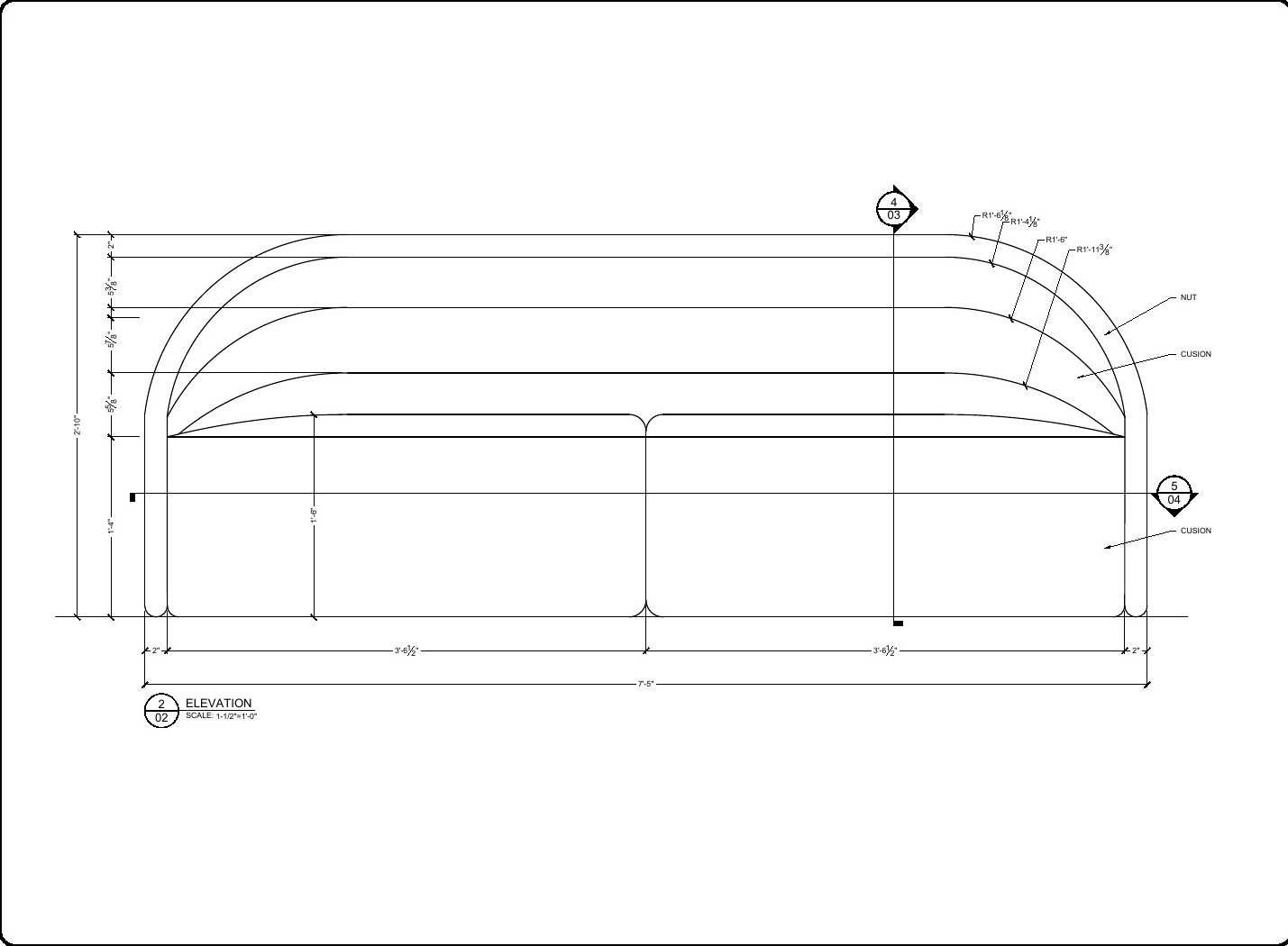 Custom sofa shop drawings: elevation, section and frame plan