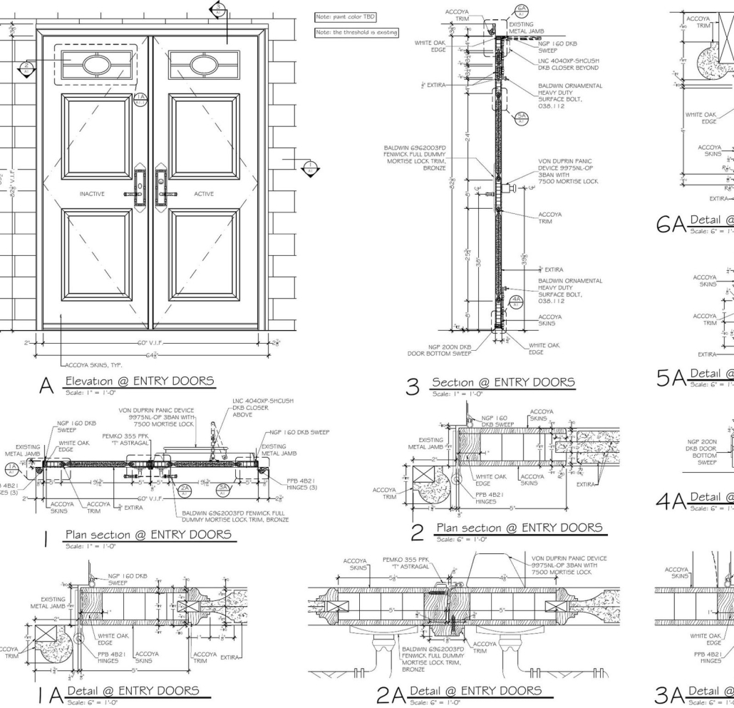 Millwork door: panelled entry door elevation with sections and details