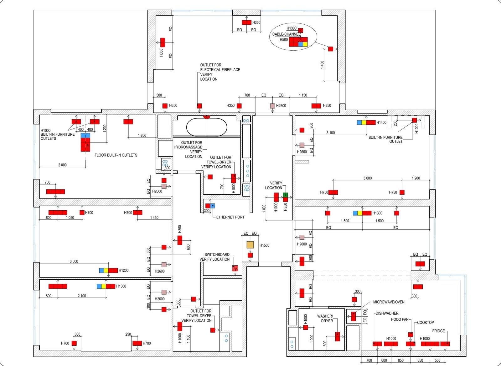 Interior drawings: electrical plan with outlet and switch locations