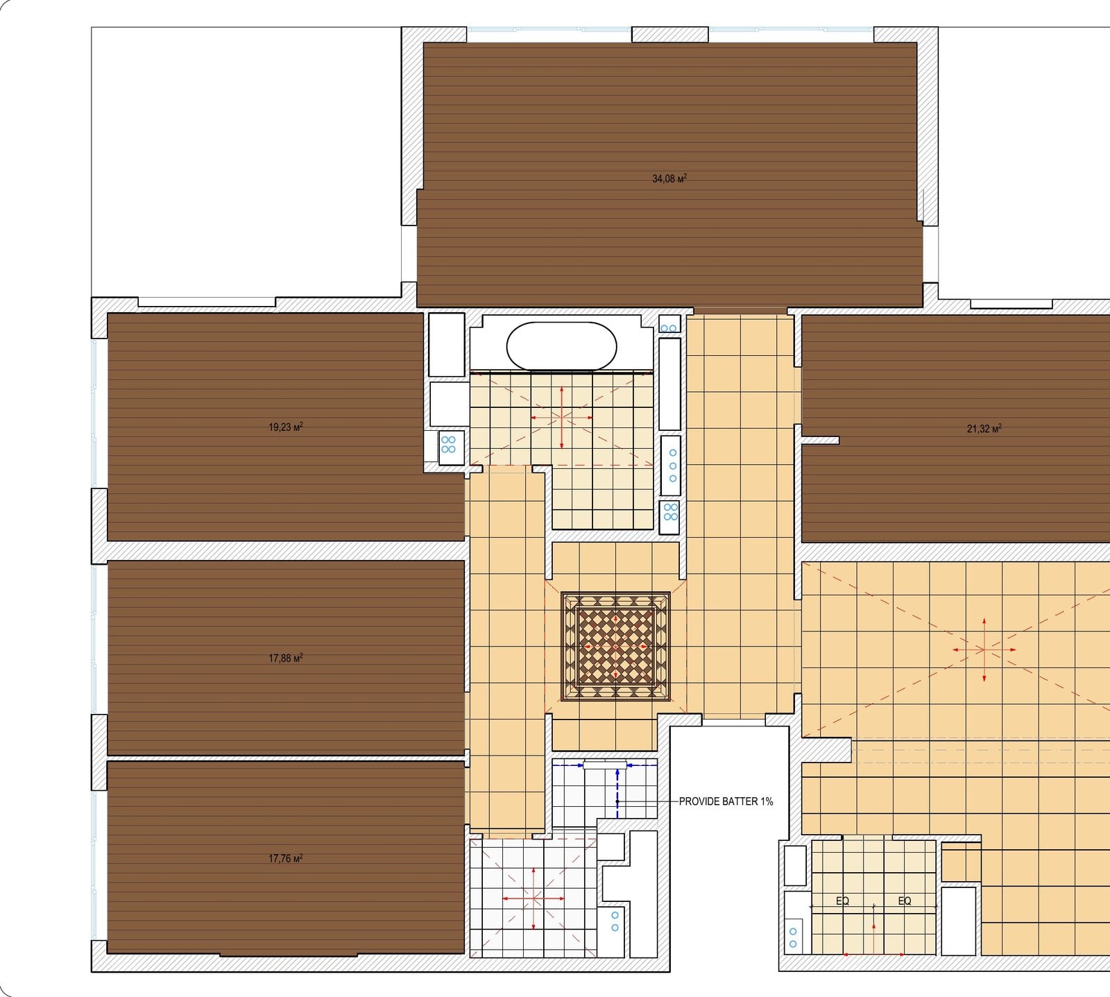 Interior drawings: floor covering plan with materials and layout direction