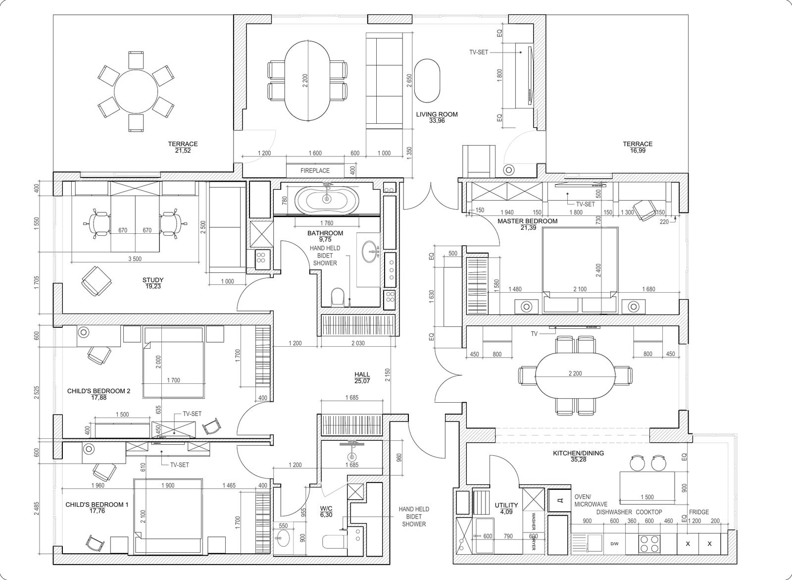 Interior drawings: furniture layout plan with walls, dimensions and appliance positions