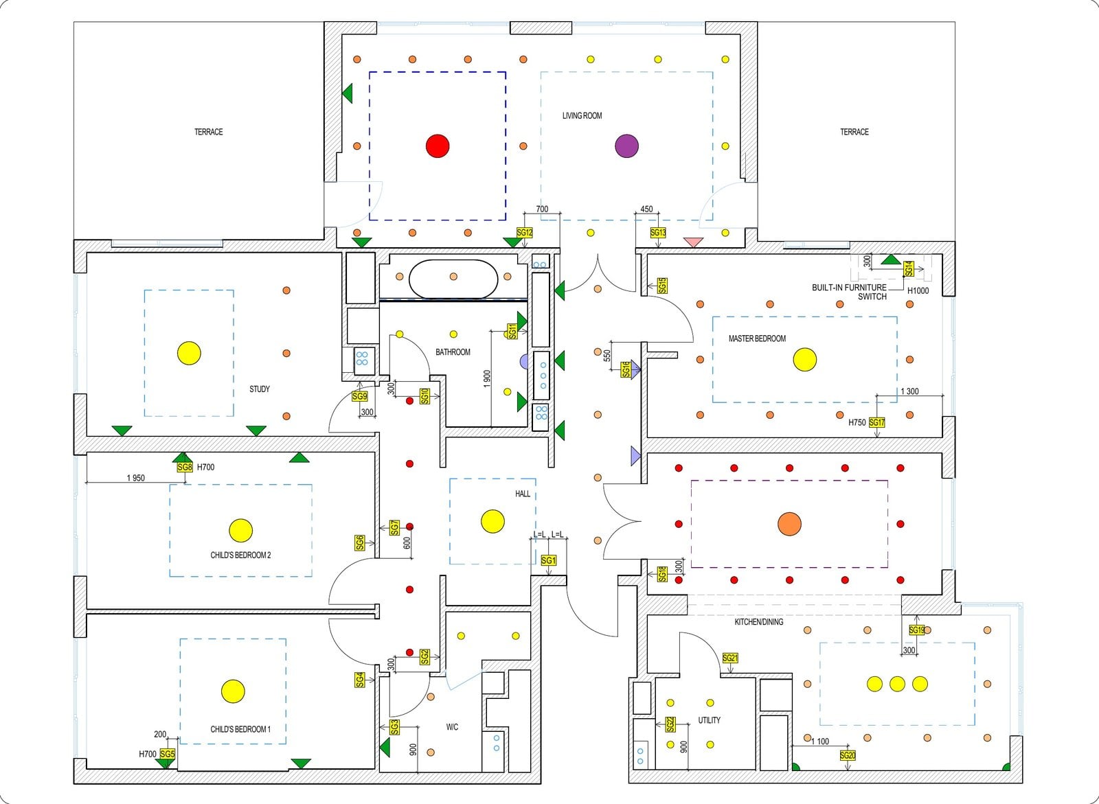 Interior drawings: lighting plan with fixtures and switching groups