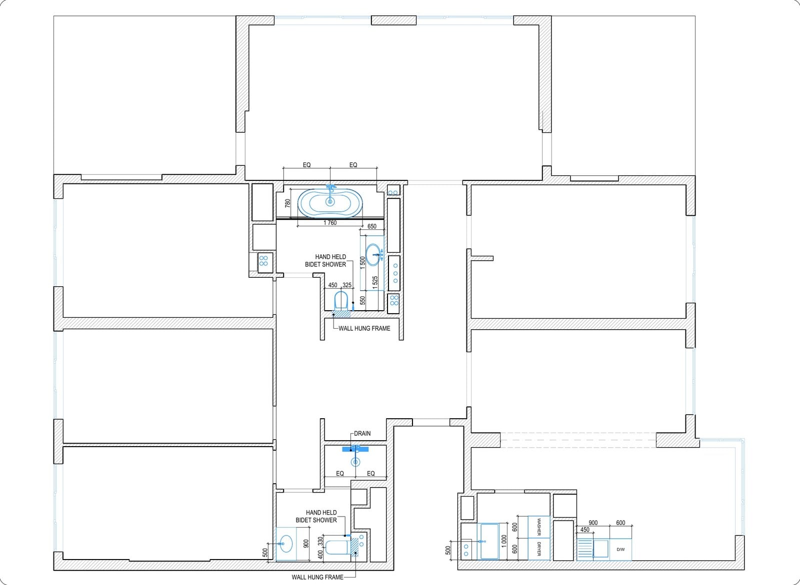 Interior drawings: plumbing plan with water supply and drainage points