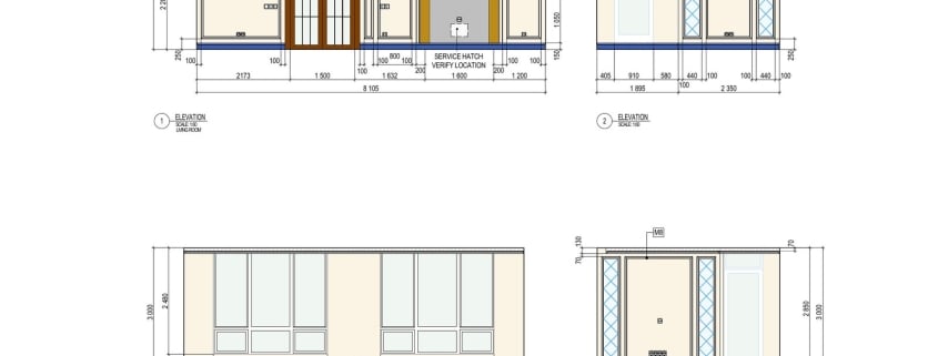 Interior drawings: wall elevations with door and window openings